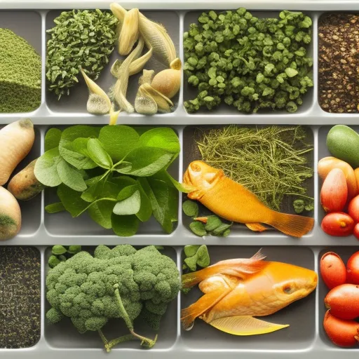 

Une image montrant un assortiment de différentes épices et herbes, avec des aliments tels que des légumes, des viandes et des poissons, pour illustrer