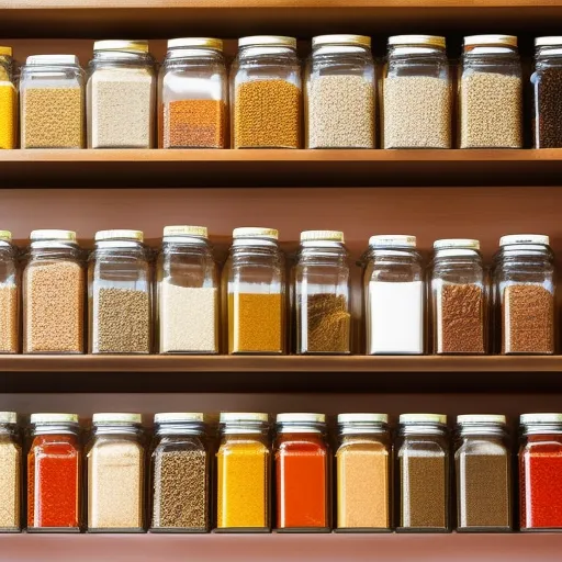 

An image of a kitchen pantry filled with a variety of spices in glass jars, labeled with their names. The jars are neatly arranged on shelves, with a few open jars on the countertop.