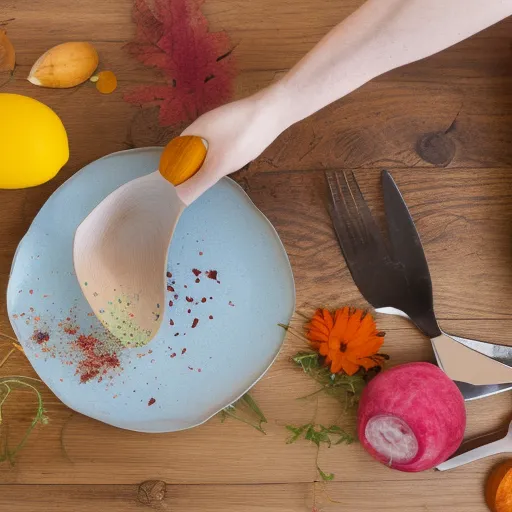 

Une photo d'une variété d'épices colorées et variées, disposées sur une table en bois rustique, avec un fond de cuisine traditionnelle. La photo illustre